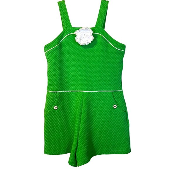 Janie & Jack Girls Green Textured Romper 8 White Flower Preppy Summer Vacation - Picture 1 of 4